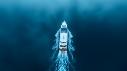 Aerial drone photo of luxury yacht cruise in mediterranean deep blue sea