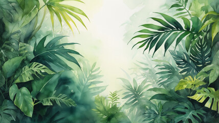 A vibrant watercolor painting of a lush tropical jungle scene, featuring various green foliage. The composition captures a serene atmosphere, with sunlight filtering through the dense leaves.
