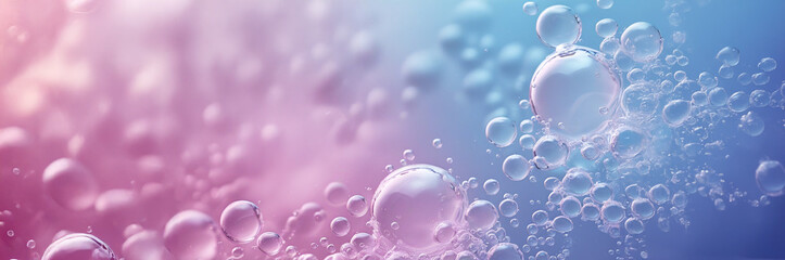 A mesmerizing close-up of colorful bubbles on a smooth reflective surface, set against a dreamy gradient background of pink  to blue. The ethereal atmosphere evokes calmness and serenity.