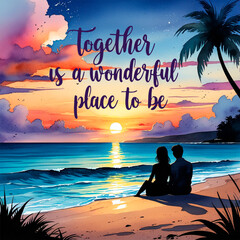 A romantic sunset scene over a tranquil ocean, featuring a couple sitting on a sandy beach. Warm hues of orange, pink, and purple fill the sky, with tall grasses in the foreground— for a Valentin day