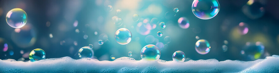 A macro photograph of translucent bubbles in various sizes, creating a dreamy atmosphere. Set against a soft blue and teal background, the glossy bubbles reflect light, enhancing tranquility.