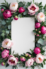A styled floral border featuring a rectangular white blank space surrounded by lush peonies in shades of pink and eucalyptus leaves. This elegant design is perfect for invitations and announcements.