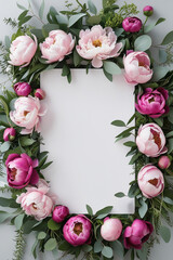 A styled floral border featuring a rectangular white blank space surrounded by lush peonies in shades of pink and eucalyptus leaves. This elegant design is perfect for invitations and announcements.