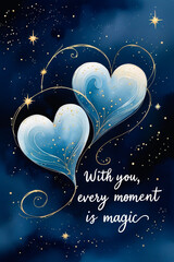 Whimsical Valentine’s Day Card with Intertwined Hearts and Starry Sky