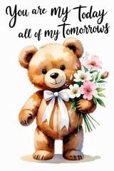Charming Teddy Bear with Flowers - Heartfelt Valentine’s Day Card Illustration with Touching Message