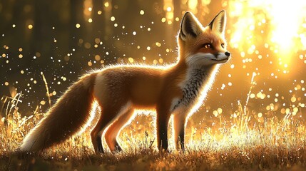 A beautiful fox stands in a sunlit field, with its fur highlighted by the golden sunset. The light creates an aura around the fox, embodying wilderness elegance.