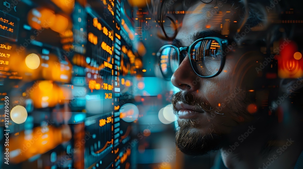 Poster young professional in glasses analyzing digital data visualization with orange and blue bokeh lights