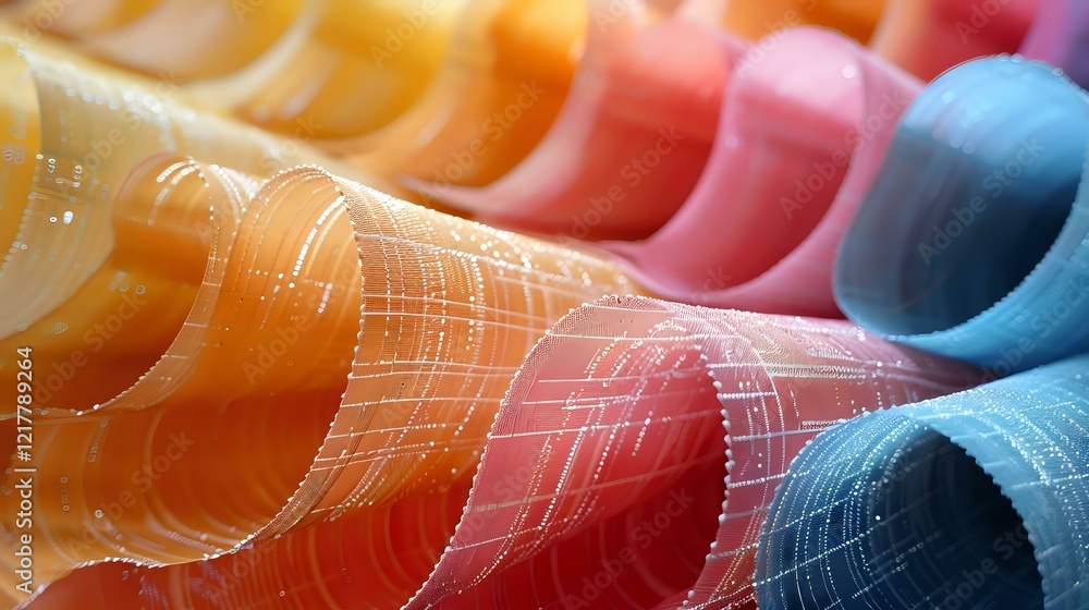 Poster abstract macro photography of colorful curved plastic or paper sheets creating a wavy pattern with s