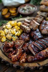 Fototapeta premium Grilled BBQ pork ribs with glazed corn on wooden platter, perfect for restaurant menu or food advertising. Close-up shot showcasing juicy meat and seasonal sides.