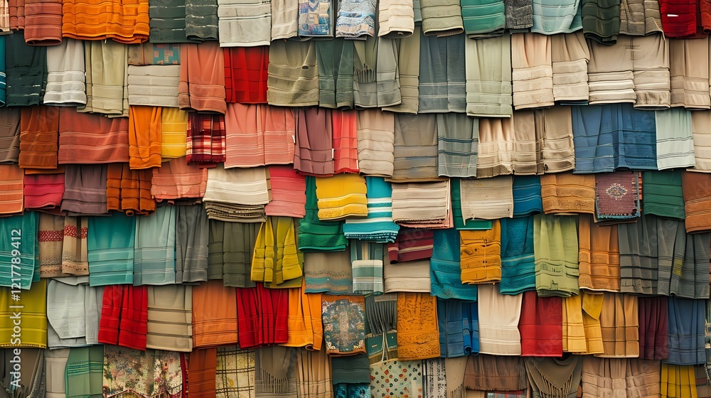 Poster colorful fabric samples hanging in rows creating textural patchwork pattern. perfect for interior de
