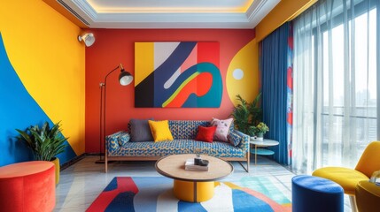 A colorful apartment interior with bold wall paint and playful patterns