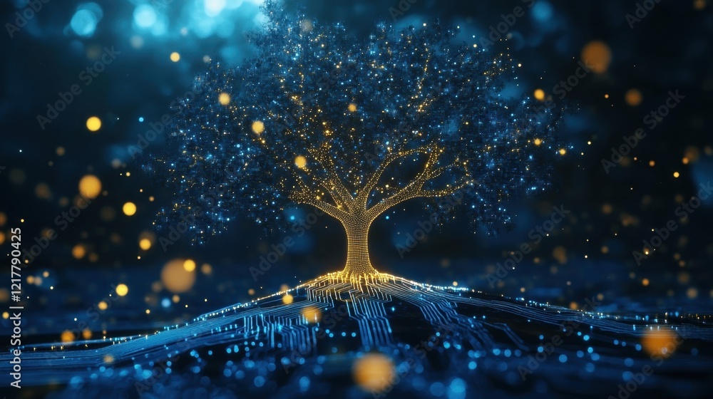 Poster golden glowing tree growing from futuristic microchip and circuit board soil with digital data parti