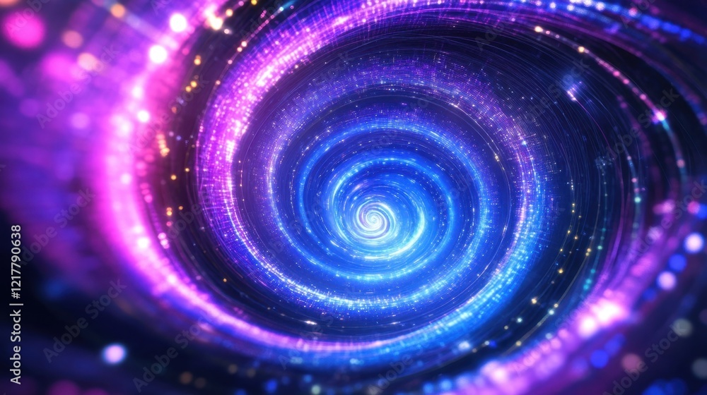 Poster bright purple and blue particles are rotating to form a dynamic spiral shape, creating a mesmerizing