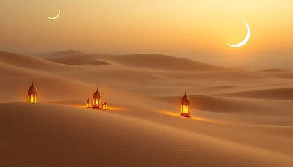 Desert Landscape with Illuminated Lanterns and Crescent Moons