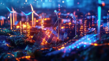 Obraz premium An enchanting hologram displaying a cyclical energy ecosystem where wind turbines and solar panels continuously exchange energy feeding a glowing urban landscape.