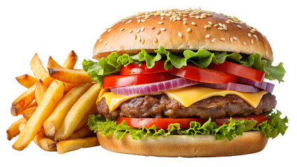 Delicious burger and french potato fries, cut out