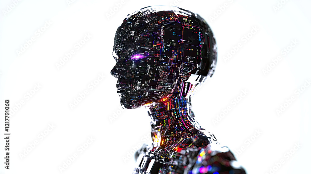 Poster Robotic Human Figure Highlights Advanced AI Design With Glowing Features in a Minimalist Setting