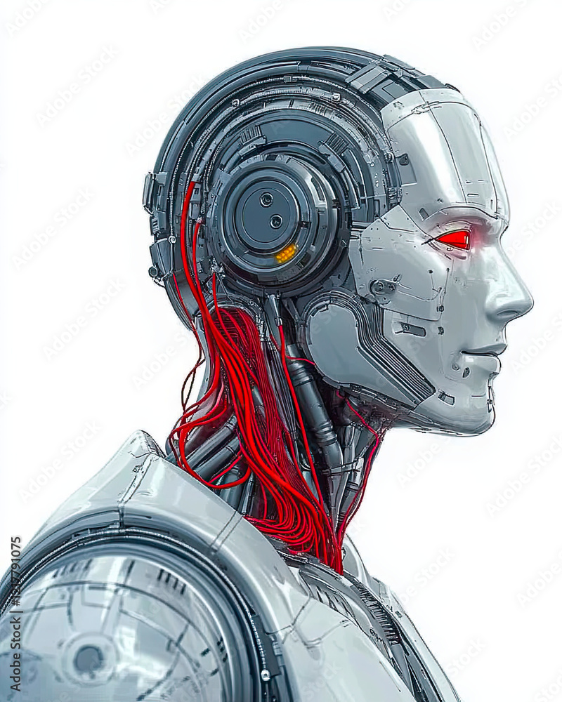 Poster Robotic Figure Displays Advanced AI Features With Intricate Design and Glowing Elements in Isolation
