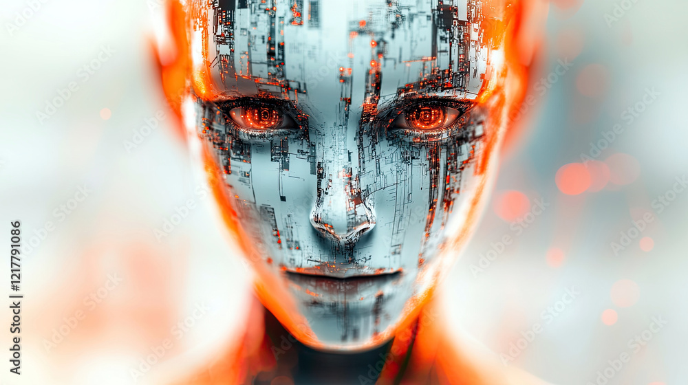 Poster intricate robotic human figure with glowing features isolated on bright background