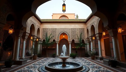 Obraz premium Serene Courtyard Fountain With Intricate Moroccan Architecture