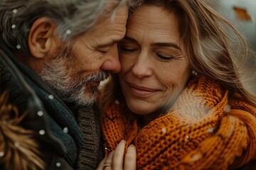 Senior couple sharing a tender hug in a picturesque outdoor setting.