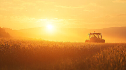 Fototapeta premium silhouette of tractor driving through golden field at sunset