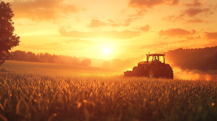 Fototapeta premium silhouette of a tractor driving through field at sunset