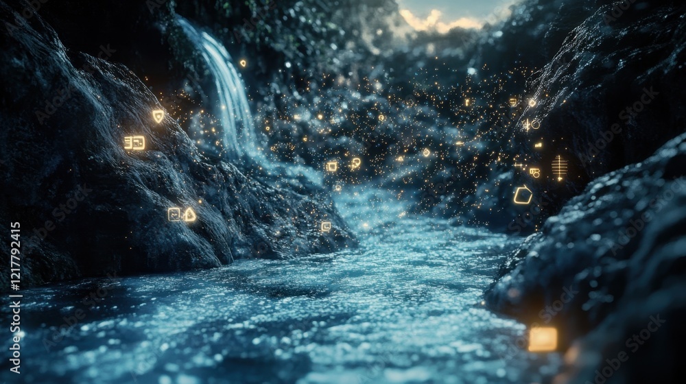 Aufkleber streams of digital information flow like rivers through a virtual landscape with icons symbolizing a