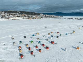 Winter Ice Fishing shacks in the city of Gaspe at Gaspe Peninsula in Quebec, Canada