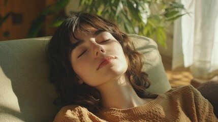 Peaceful Slumber: Woman Resting in Warm Sunlight at Home
