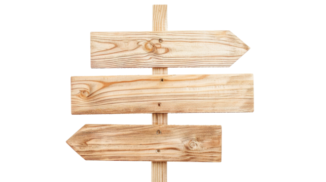 Wooden direction sign with two arrows in opposite directions on white background