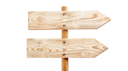 Wooden direction sign with two arrows in opposite directions on white background