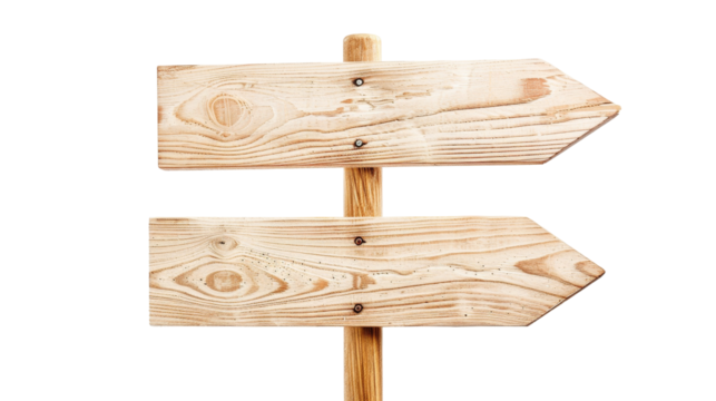 Wooden direction sign with two arrows in opposite directions on white background