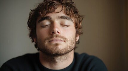 Fototapeta premium Peaceful Young Man with Eyes Closed Relaxing in Natural Light