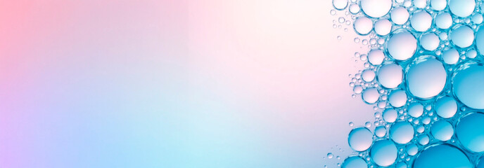 A mesmerizing close-up of colorful bubbles on a smooth reflective surface, set against a dreamy gradient background of pink  to blue. The ethereal atmosphere evokes calmness and serenity.