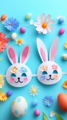 Obraz premium Two paper bunnies with ears and flowers on a blue background celebrate Easter's festive spirit.