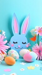 Vibrant Easter eggs and delicate paper flowers adorn the table, celebrating the joy of the holiday.