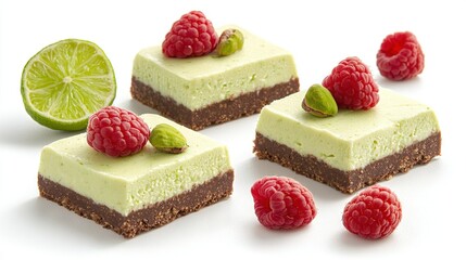   Three pieces of cheesecake with raspberries on a white background, topped with a lime slice
