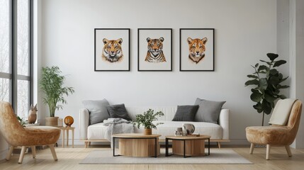 Modern living room with tiger art decor and scandinavian furniture