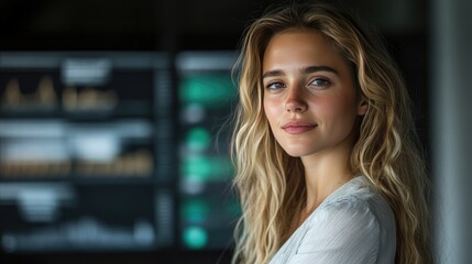 Fototapeta premium Confident Young Professional Woman in Modern Office Setting with Digital Screens