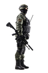 Tactical soldier in full gear with rifle standing against white background