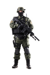 Full-body portrait of a soldier in combat uniform with rifle on white background