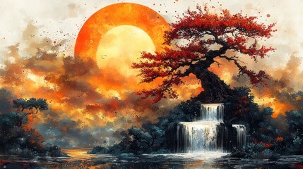 Fototapeta premium Autumnal sunset, fiery moon, waterfall, tree, digital art, fantasy landscape, tranquility, poster