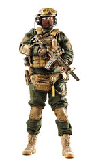 Military soldier in advanced tactical gear holding rifle in action-ready stance