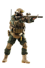 Armed Soldier in Tactical Gear Holding a Rifle in an Active Combat Pose