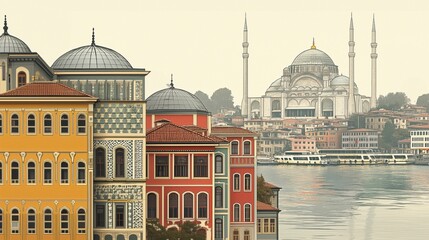 Naklejka premium Istanbul City illustration with playful accents, outlined in vintage style