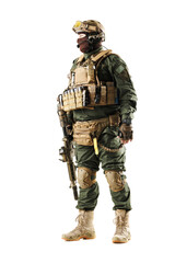 Side view of a soldier in tactical gear with equipment and rifle