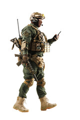 Military personnel walking with tactical equipment while holding smartphone on a white background