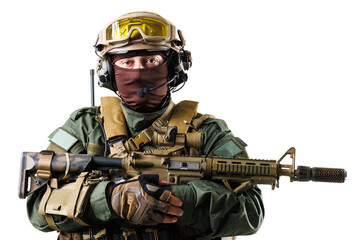 Tactical Soldier in Full Gear Holding Rifle in White Background