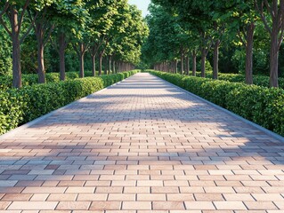 Pathway lined with trees and shrubs, creating a tranquil outdoor setting.